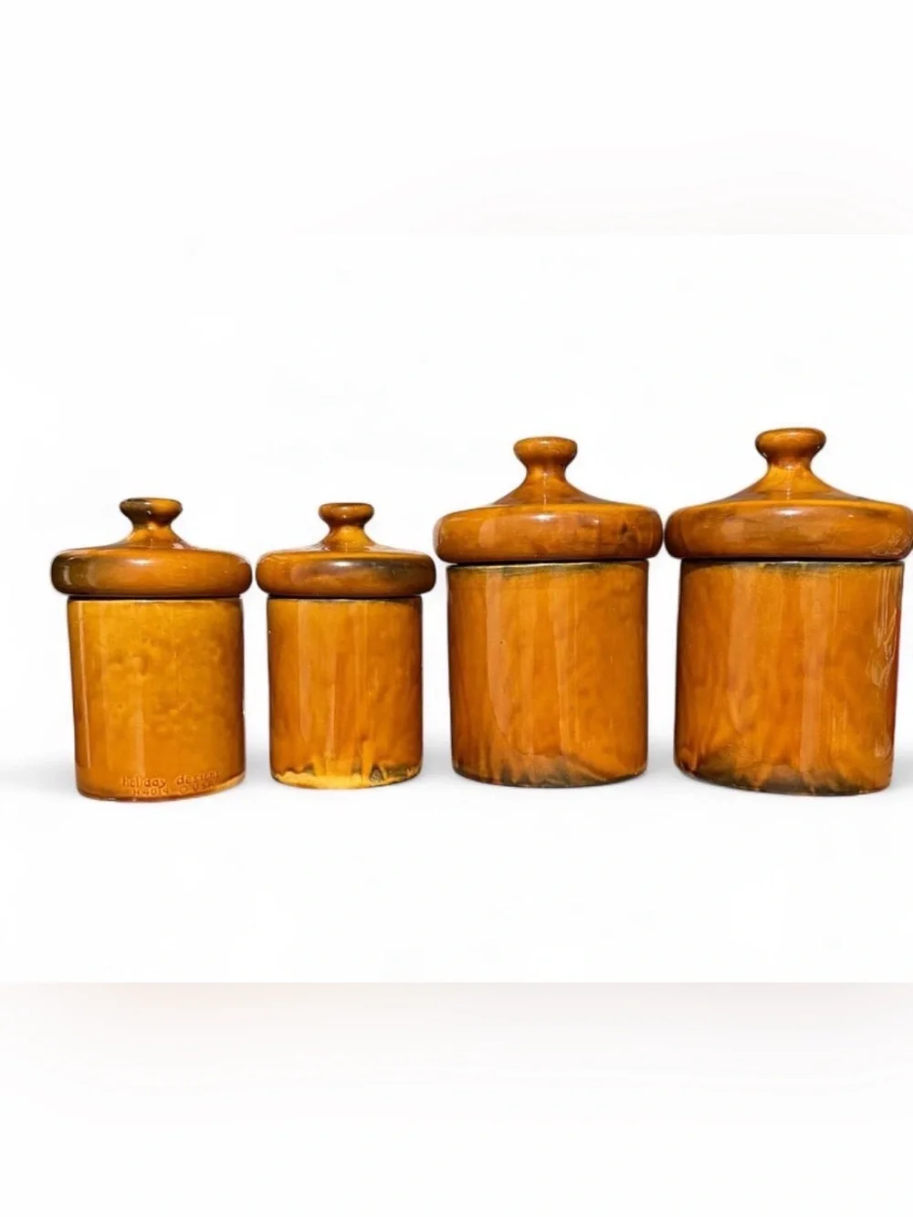 Vintage Holiday Designs Ceramic Canister Set 4 Pc MCM Mushroom Top Gold H4019